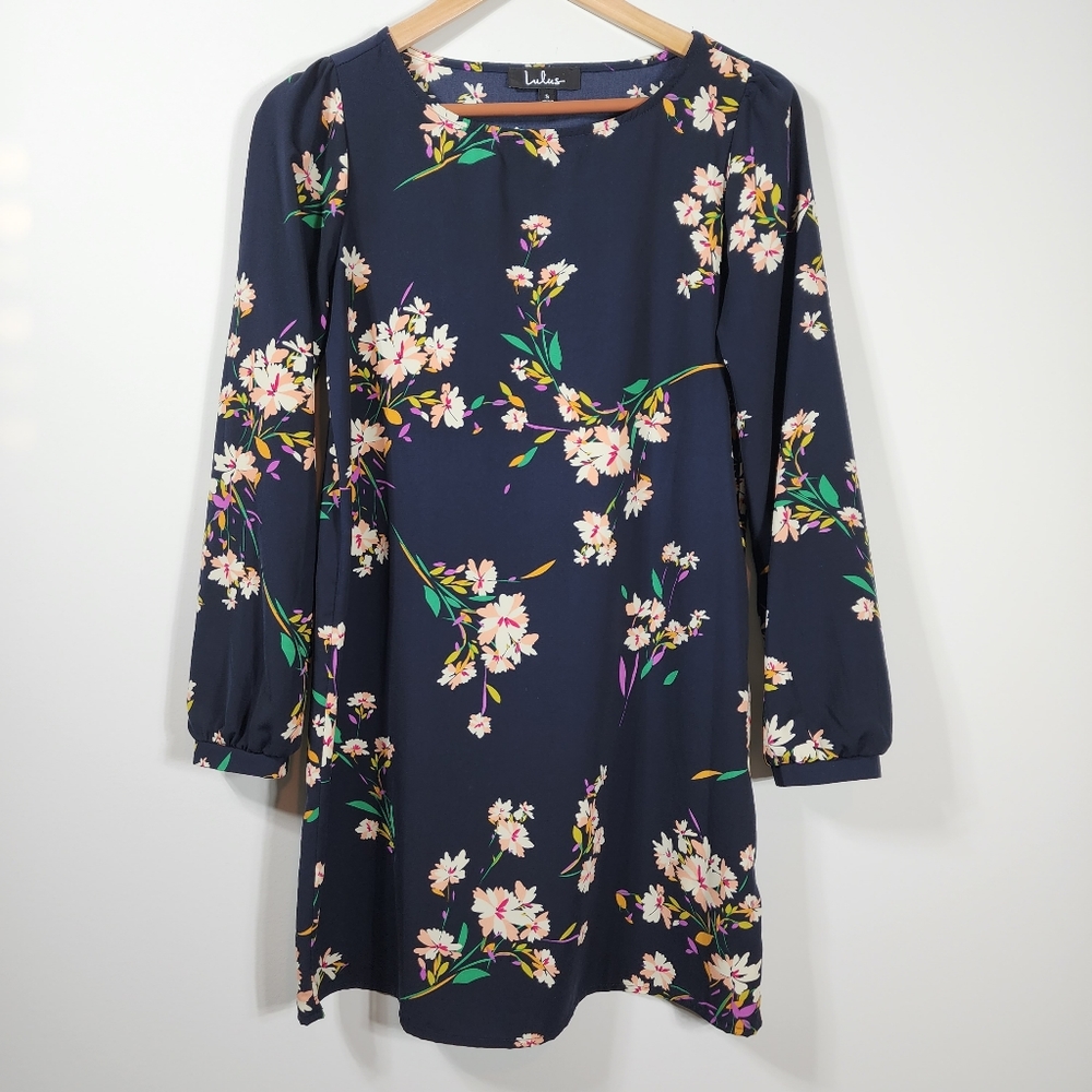 Navy Blue Floral Lulu's Long Sleeve Crew Neck Dress Size S